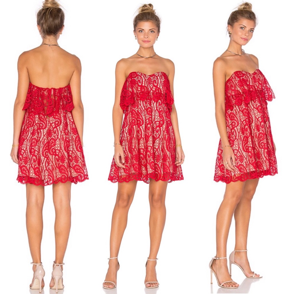 The Jetset Diaries red lace strapless mini dress